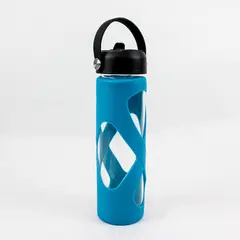 Blue Silicone X-Band Sleeve Glass Water Bottle Approx 28 Oz Vol NO STRAW