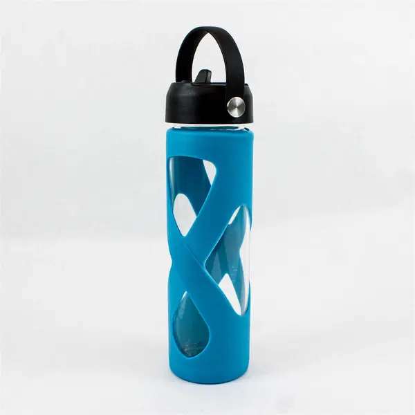 Blue Silicone X-Band Sleeve Glass Water Bottle Approx 28 Oz Vol NO STRAW