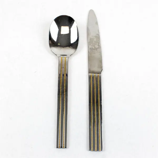 Lot of 2 Retroneu Dinner Knife and Place Spoon Lauren Gold Pattern Stainless