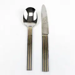 Lot of 2 Retroneu Dinner Knife and Place Spoon Lauren Gold Pattern Stainless