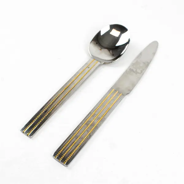 Lot of 2 Retroneu Dinner Knife and Place Spoon Lauren Gold Pattern Stainless