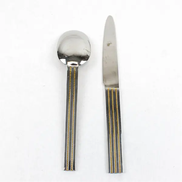 Lot of 2 Retroneu Dinner Knife and Place Spoon Lauren Gold Pattern Stainless