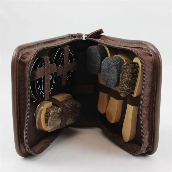 Rowel 7-Piece Travel Shoe Shine Kit Brown Zipper Closure Case