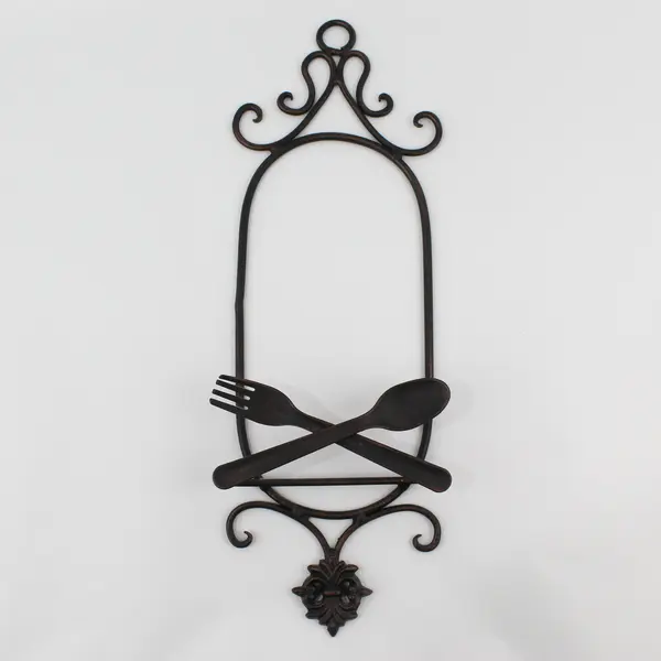 Wrought Iron Wall-Hanging Plate Holder Spoon/Fork Motif, decorative scrollwork 