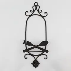Wrought Iron Wall-Hanging Plate Holder Spoon/Fork Motif, decorative scrollwork 