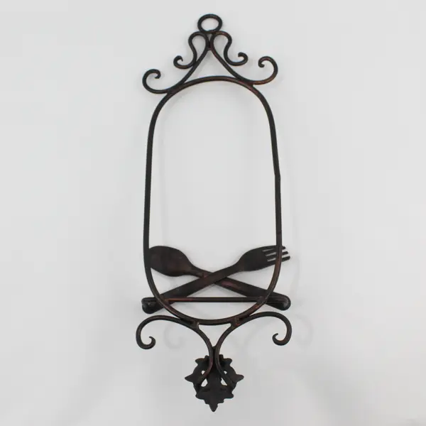 Wrought Iron Wall-Hanging Plate Holder Spoon/Fork Motif, decorative scrollwork 