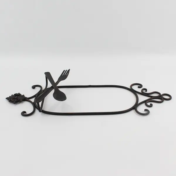 Wrought Iron Wall-Hanging Plate Holder Spoon/Fork Motif, decorative scrollwork 