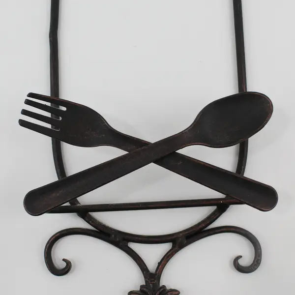 Wrought Iron Wall-Hanging Plate Holder Spoon/Fork Motif, decorative scrollwork 