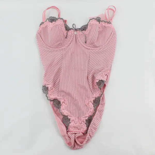 Sophie B. Pink and Gray Striped Lace Trim Teddy Lingerie Women's Medium