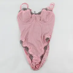 Sophie B. Pink and Gray Striped Lace Trim Teddy Lingerie Women's Medium