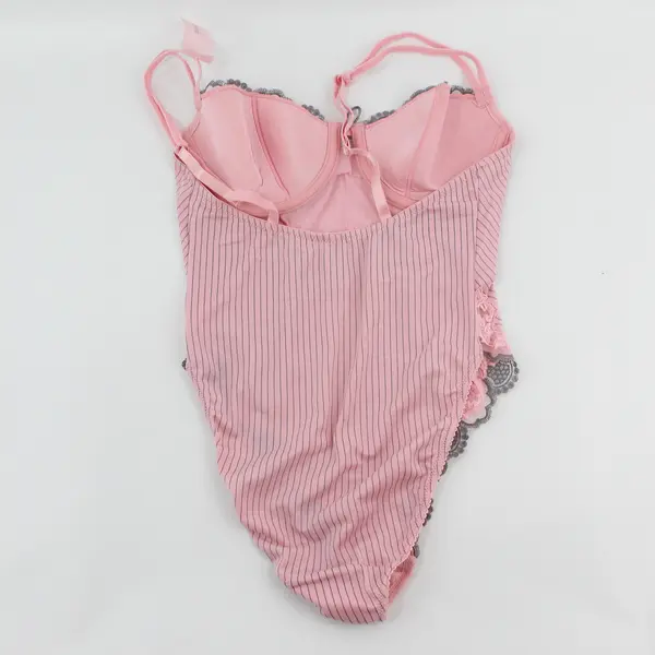 Sophie B. Pink and Gray Striped Lace Trim Teddy Lingerie Women's Medium