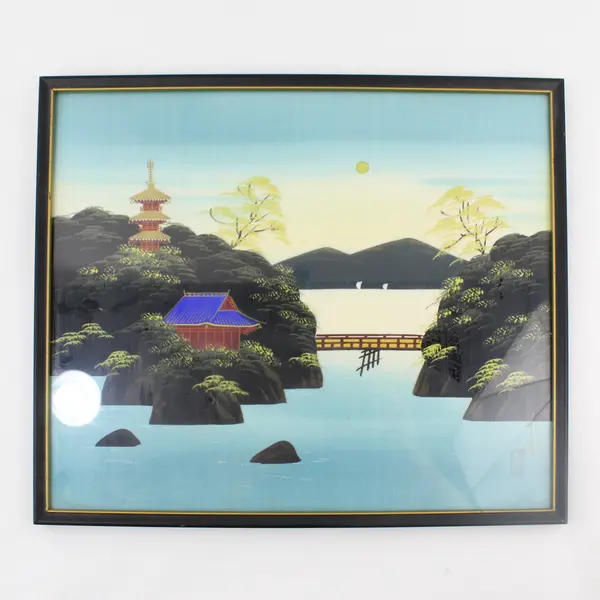 Framed Vintage MCM Japanese Silk Painting Pagoda Over Water 14" x 16.5"