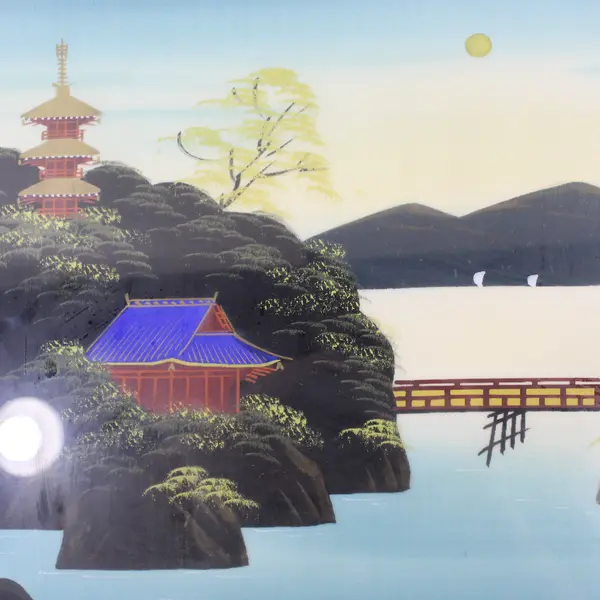 Framed Vintage MCM Japanese Silk Painting Pagoda Over Water 14" x 16.5"