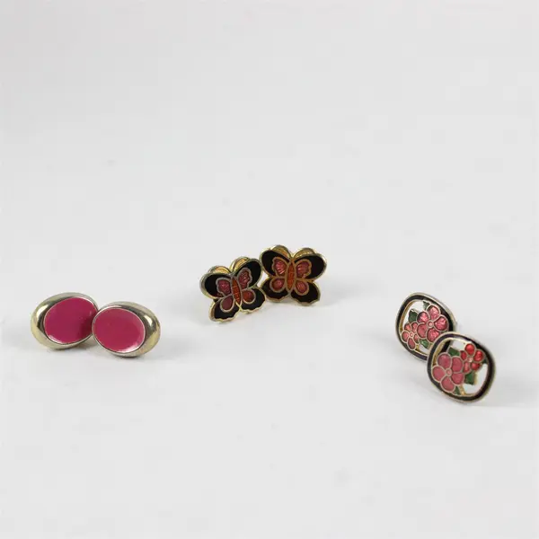 Lot of 2 Pairs Butterfly Berry Grapes Enamel Stud Earrings Black Pink Gold Tone