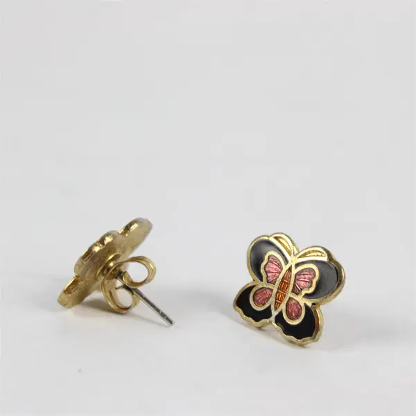Lot of 2 Pairs Butterfly Berry Grapes Enamel Stud Earrings Black Pink Gold Tone