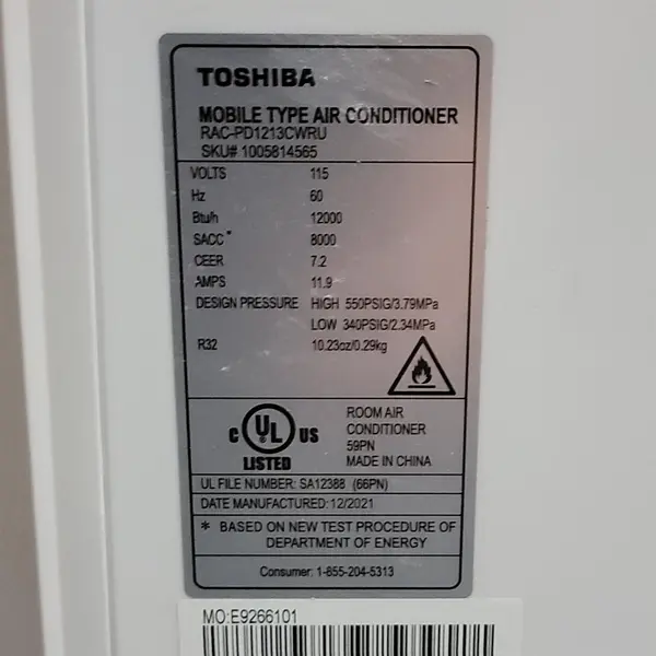 Toshiba RAC-PD1213CWRU 12000 BTU 3-in-1 Portable Air Conditioner Wi-Fi