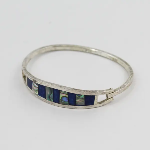 Vintage 925 Sterling Silver Blue Enamel and Mother of Pearl Hinged Bracelet