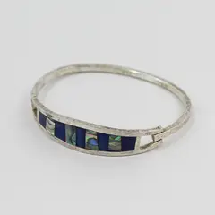 Vintage 925 Sterling Silver Blue Enamel and Mother of Pearl Hinged Bracelet
