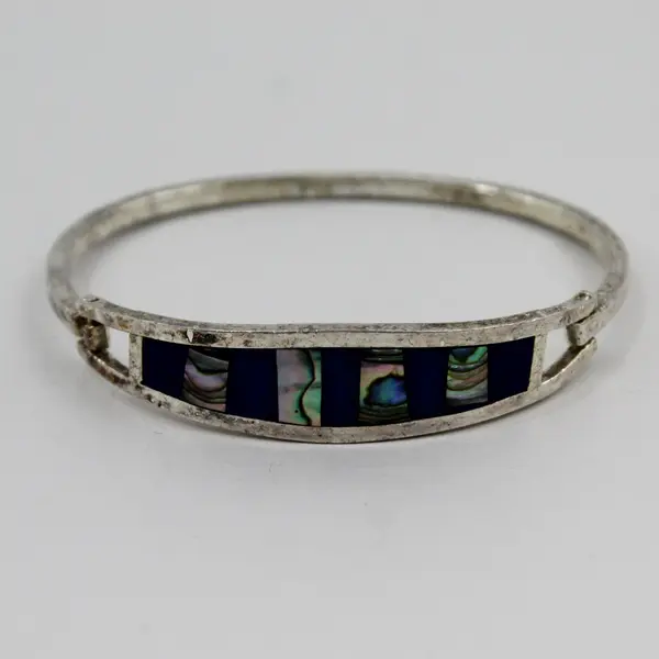 Vintage 925 Sterling Silver Blue Enamel and Mother of Pearl Hinged Bracelet