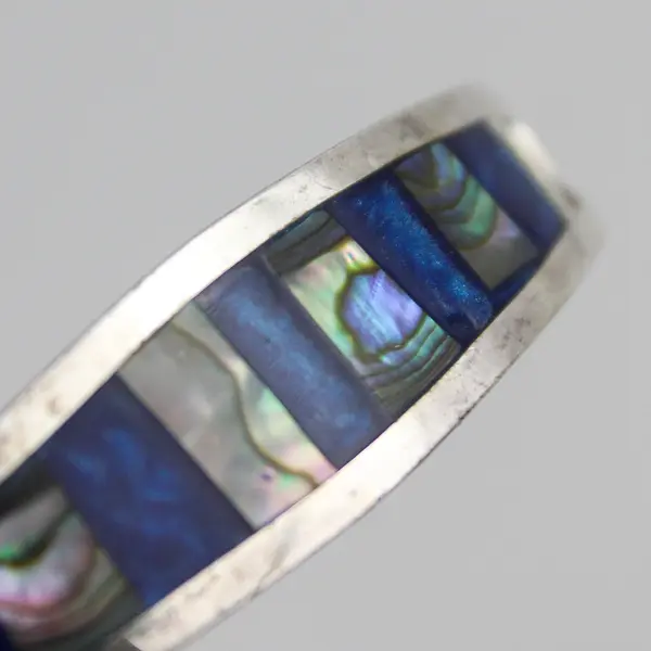 Vintage 925 Sterling Silver Blue Enamel and Mother of Pearl Hinged Bracelet