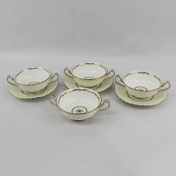 Vintage Minton Legacy Cream Soup Bowls Set of 4 Double Handled w/ 3 Saucers