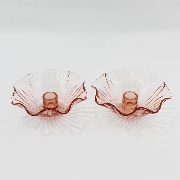 Pair Of Anchor Hocking AHC37 Pink Crimped Rim Ribbed Taper Candle Holders