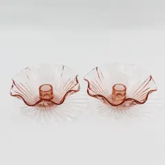 Pair Of Anchor Hocking AHC37 Pink Crimped Rim Ribbed Taper Candle Holders