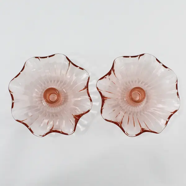 Pair Of Anchor Hocking AHC37 Pink Crimped Rim Ribbed Taper Candle Holders