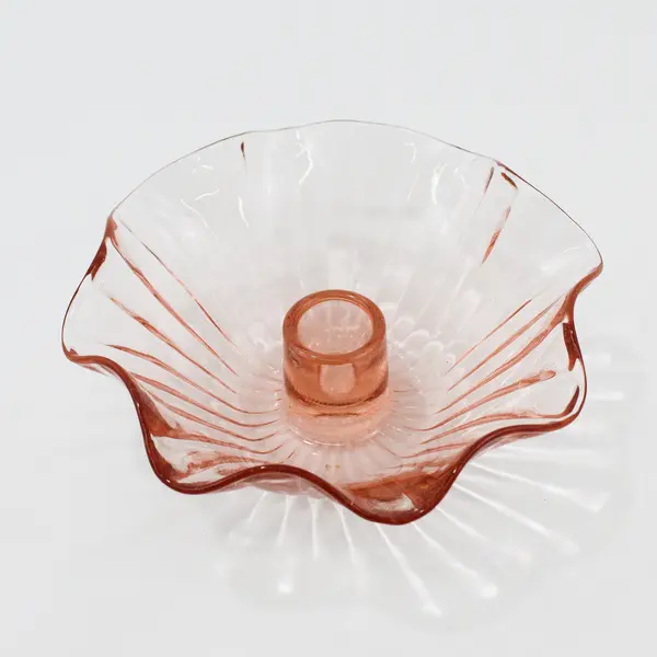 Pair Of Anchor Hocking AHC37 Pink Crimped Rim Ribbed Taper Candle Holders