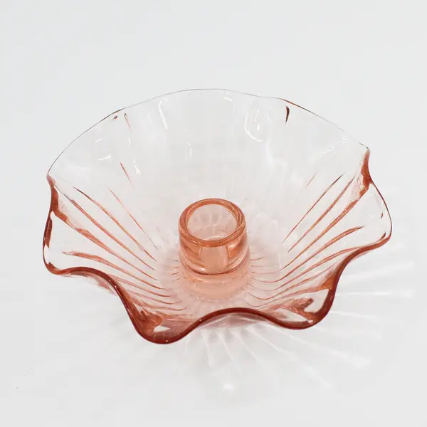 Pair Of Anchor Hocking AHC37 Pink Crimped Rim Ribbed Taper Candle Holders