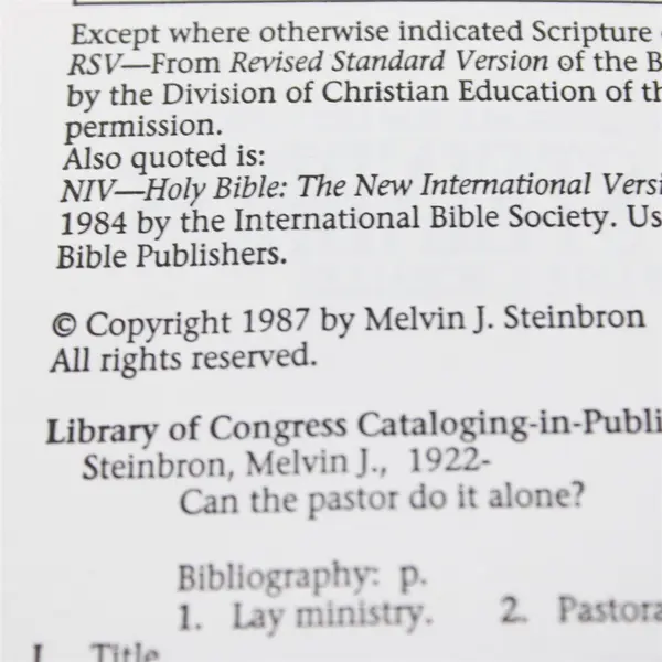 Can the Pastor Do It Alone? By Melvin J. Steinbron Paperback 1987
