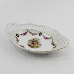 Vintage Oval Reticulated Rim Porcelain Dish Victorian Couple Floral Garlands