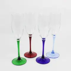 Set of 4 Vintage Luminarc France Champagne Flutes with Colored Stems 