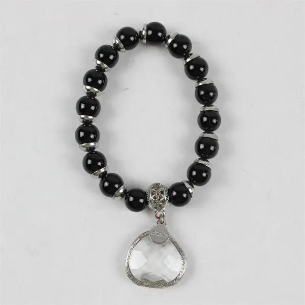 Chico's  Black Glass Bead Crystal Charm 7" Stretch Bracelet Silver Accents