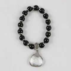  Chico's  Black Glass Bead Crystal Charm 7" Stretch Bracelet Silver Accents