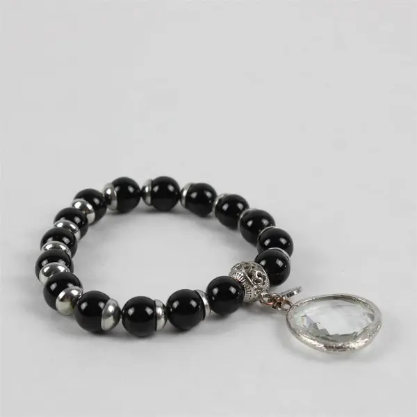  Chico's  Black Glass Bead Crystal Charm 7" Stretch Bracelet Silver Accents