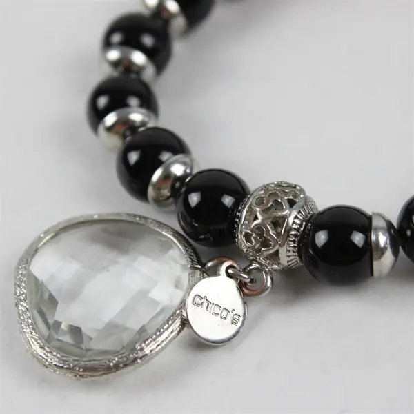  Chico's  Black Glass Bead Crystal Charm 7" Stretch Bracelet Silver Accents
