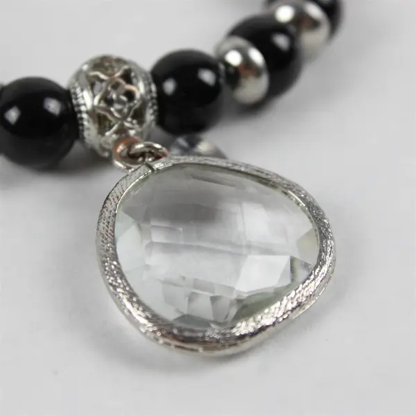  Chico's  Black Glass Bead Crystal Charm 7" Stretch Bracelet Silver Accents