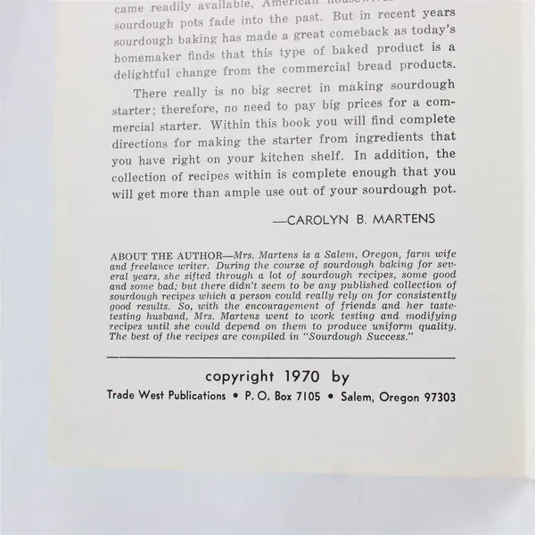 1970 Sourdough Success Carolyn B. Martens Pamphlet Booklet Recipes