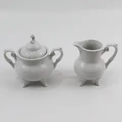 Vintage White Ceramic 4 footed Creamer Sugar Bowl And Lid Made In Japan
