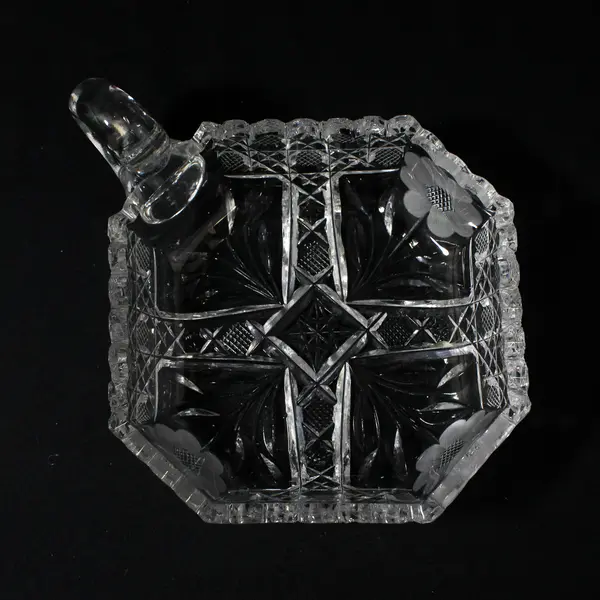Vtg EAPG Pentagon Shaped Nappy Etched Flower Embossed Leaf Panels Scalloped Rim