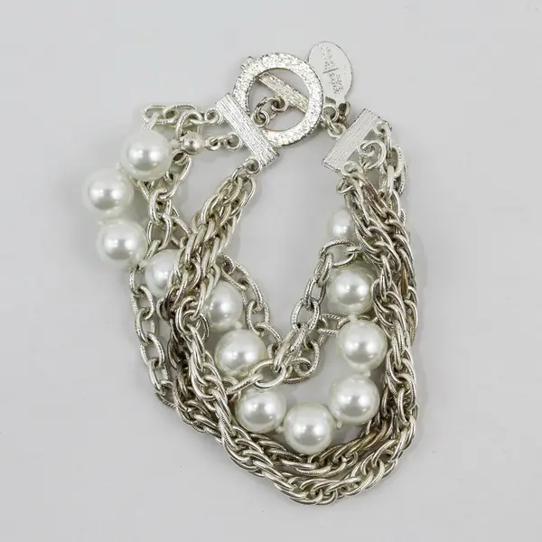 White House Black Market Faux Pearl Silver-Tone Multi-Strand Bracelet 7-3/4"