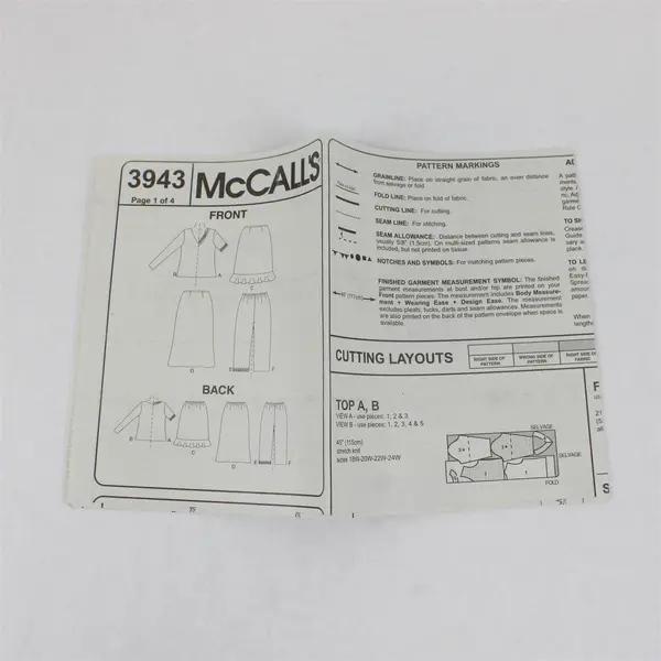 2003 McCall's Pattern 3943 Women's Top Skirt Pants Size RR (18W-24W) UNCUT