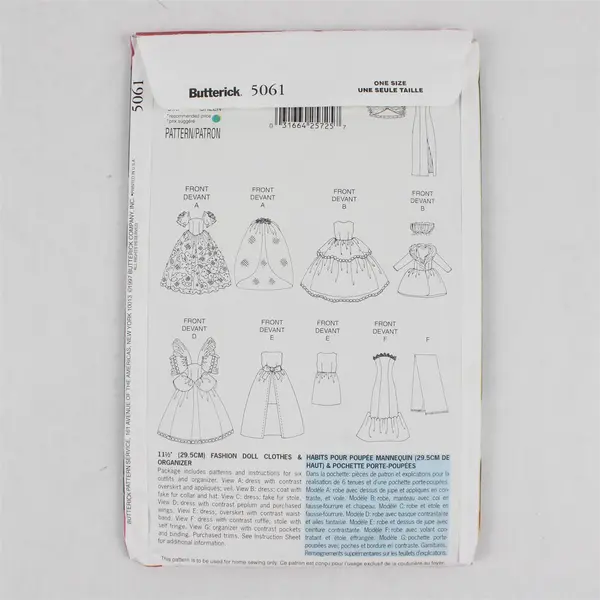 1997 Butterick Pattern 5061 11-1/2" Doll Gowns and Organizer CUT