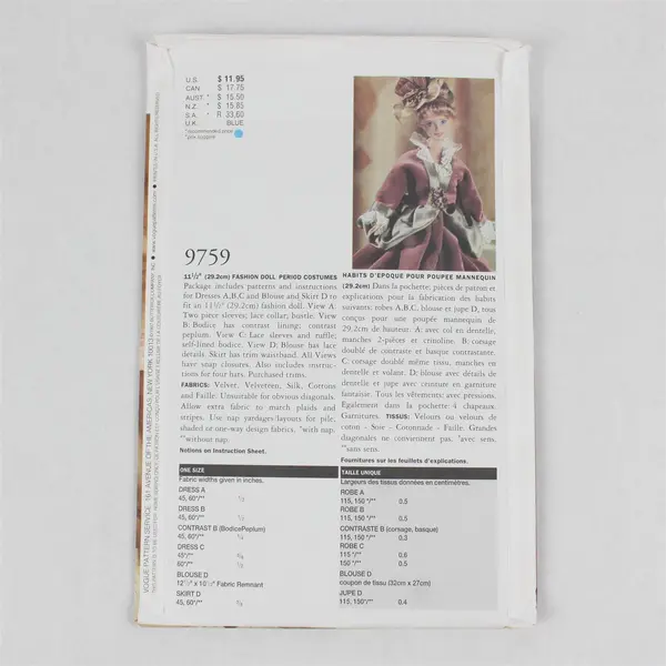 1997 Vogue Pattern 9759 11-1/2" Doll Antique Style Period Dresses UNCUT