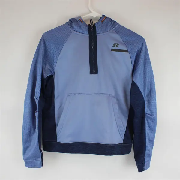 Russell Dri-Power 360 Boys Blue Hooded Fleece Hoodie Orange Lining 1/4 Zip
