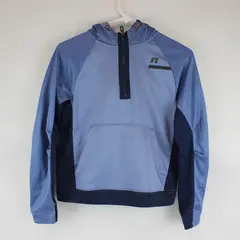 Russell Dri-Power 360 Boys Blue Hooded Fleece Hoodie Orange Lining 1/4 Zip