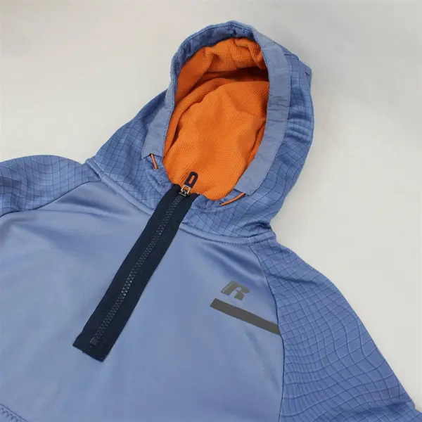 Russell Dri-Power 360 Boys Blue Hooded Fleece Hoodie Orange Lining 1/4 Zip