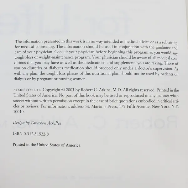 Atkins for Life The Complete Controlled Carb Program Robert C Atkins 2003 HC DJ