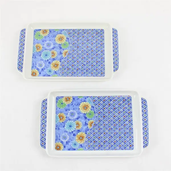 Lot 2 Polish Pottery Style Serving Trays Blue White Floral 5.5x9.5in